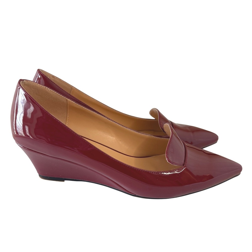 Roserwish Women Burgundy Patent Pointed Toe Wedge Pumps Loafer Detail Size 9.5